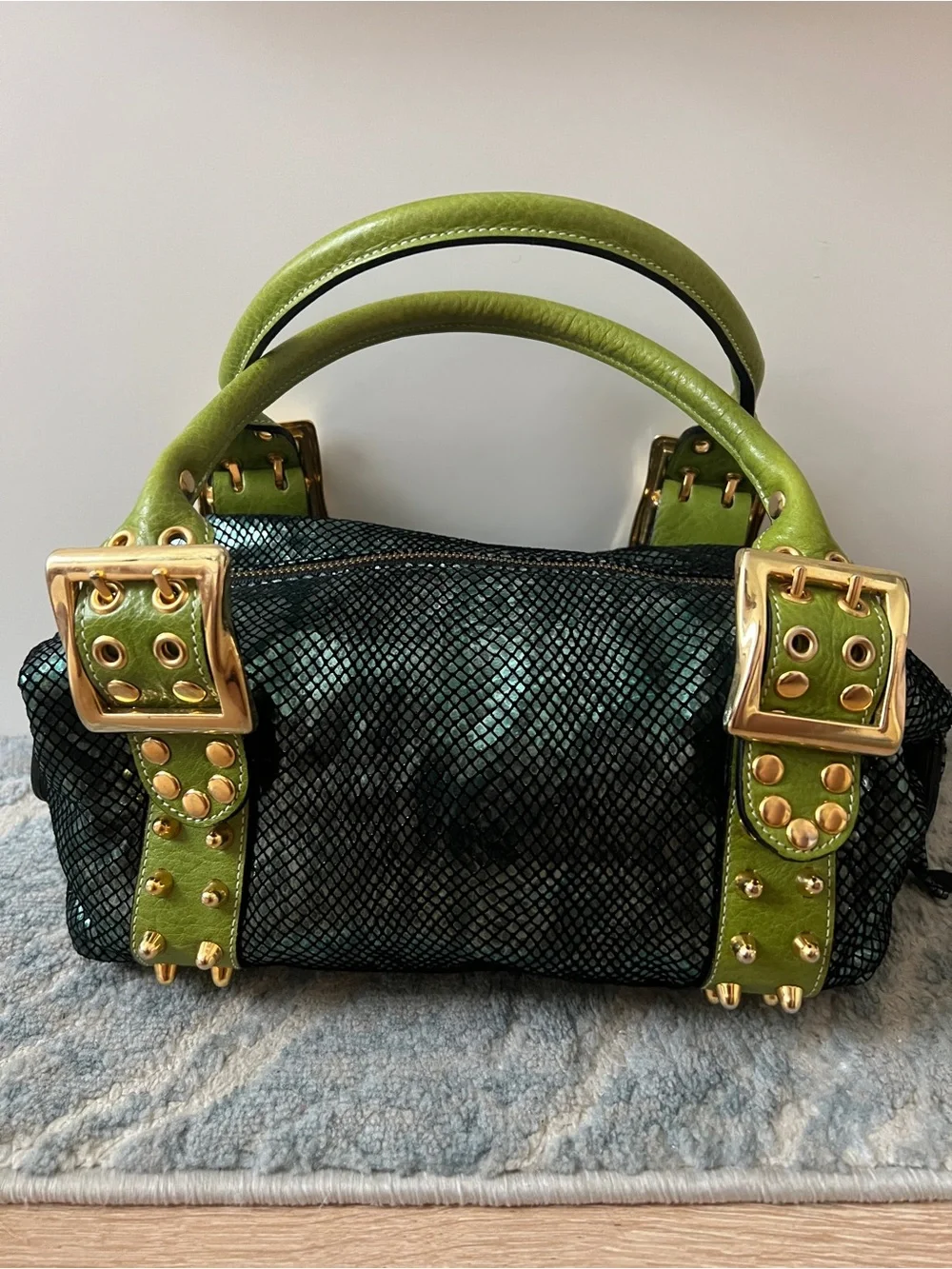 Be & D Rare Green and Teal/Black Snake-skin Top-Handle Women's Mini Bag